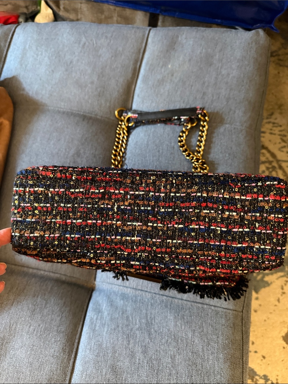 Kurt Geiger Tweed Chain Shoulder Bag in Red, Blue & Black - Picture 9 of 12